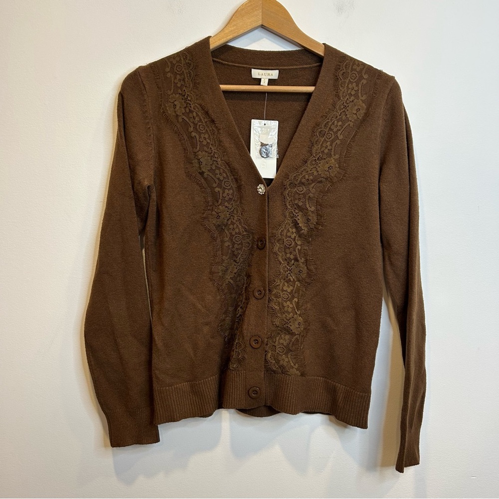 Laura Knitted Cardigan Sweater Lace Detail Coffee Brown - Picture 7 of 12